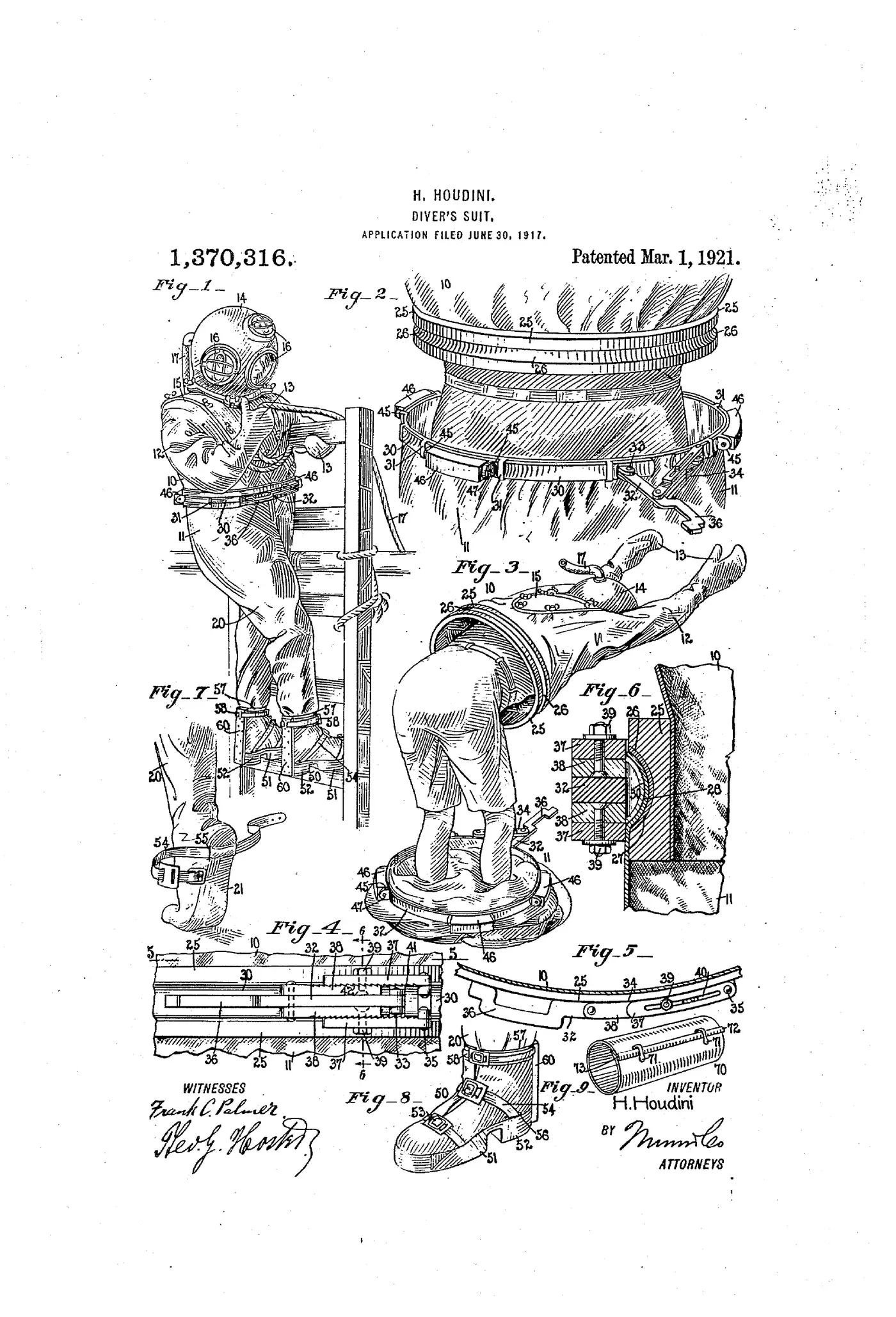 Harry Houdini's 1921 diver's suit patent drawing showing the diving suit and escape mechanism